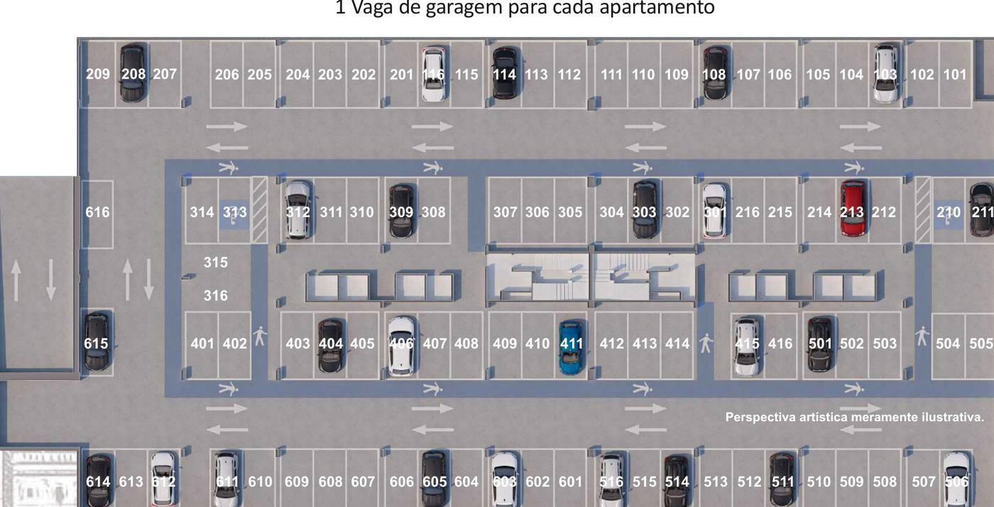 Garagem coberta com uma vaga por apartamento